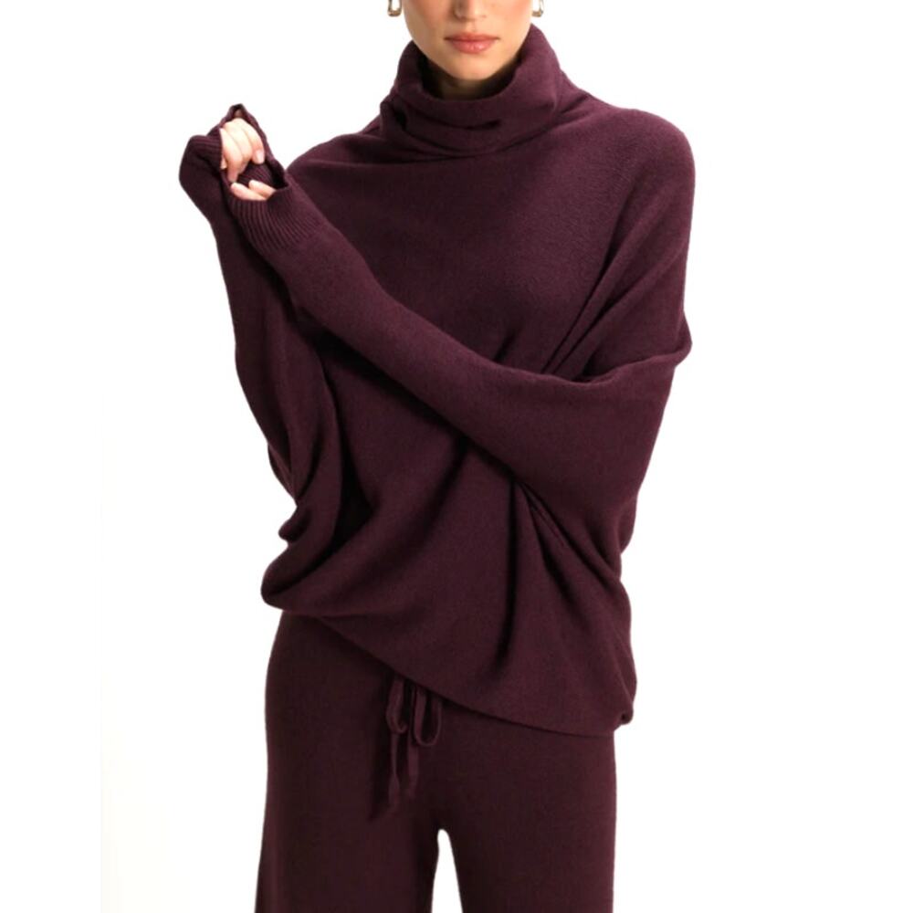 Jaki Amethyst Plum Asymmetric Draped Roll Neck Seamless Knit Sweater Size S/M